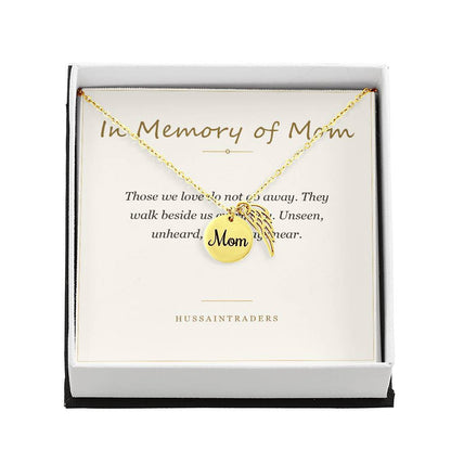 Gold finish Mom necklace on its card in a gift box | Memorial Necklace for Mom