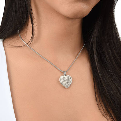 Woman wearing the map heart pendant | Engraved Coordinates Heart Necklace