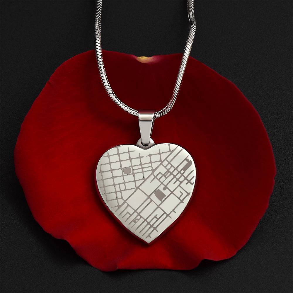 Steel map heart pendant on a red rose petal | Engraved Coordinates Heart Necklace