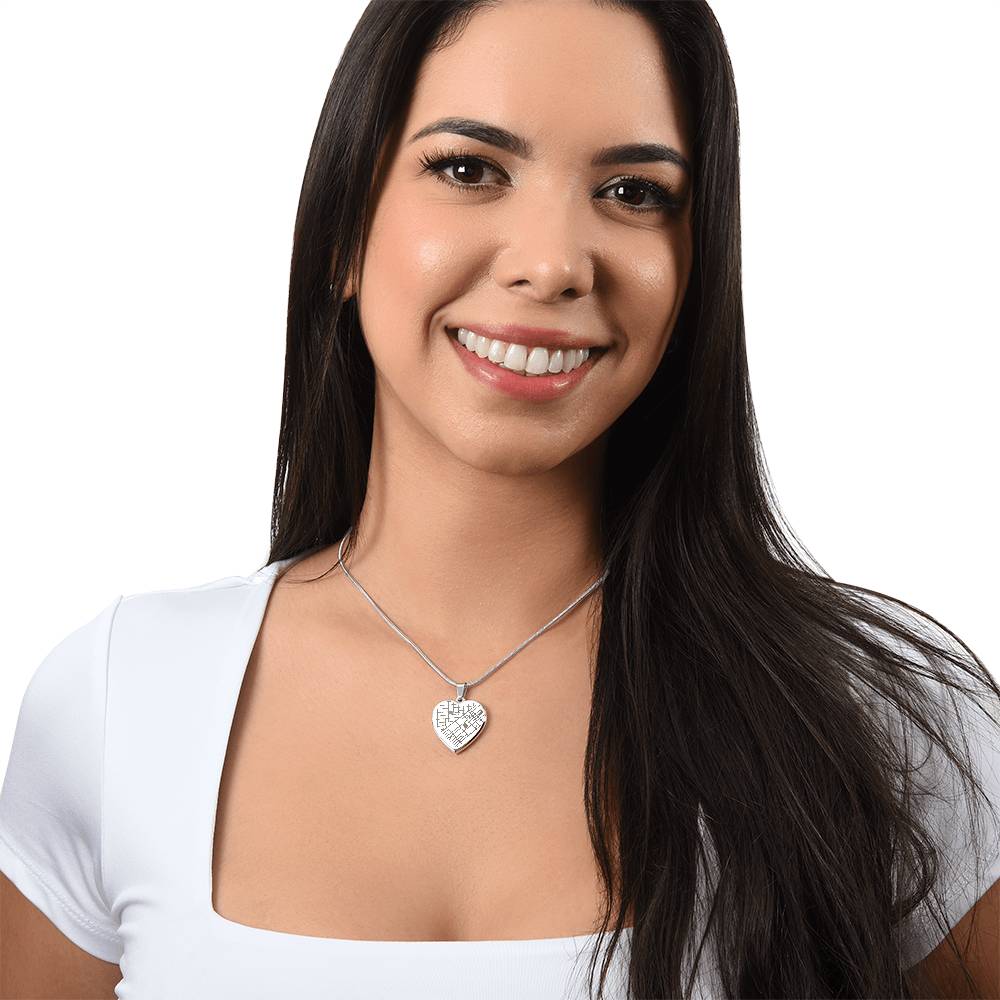 Smiling woman wearing the map heart necklace | Engraved Coordinates Heart Necklace