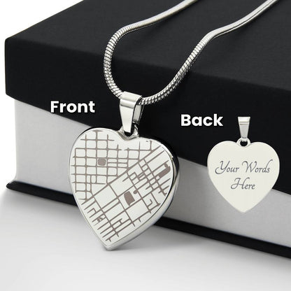 Front map engraving and back message engraving of the steel heart | Engraved Coordinates Heart Necklace