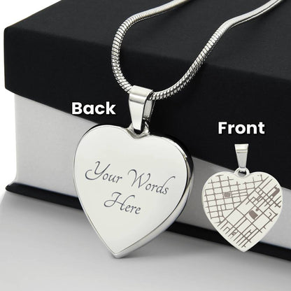 Back and front of the steel heart: message engraving and map engraving | Engraved Coordinates Heart Necklace