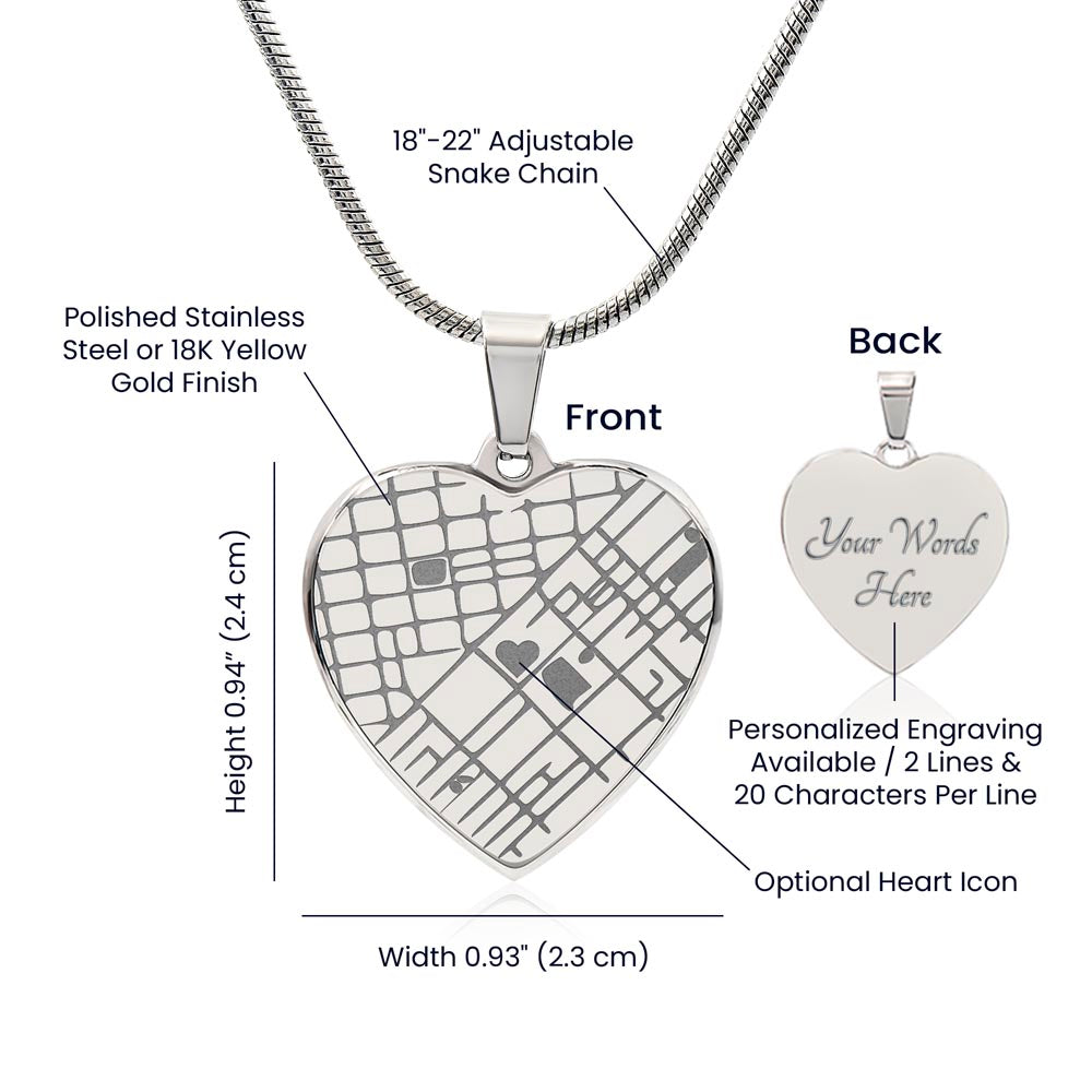 Size guide for the map heart pendant, with optional back engraving | Engraved Coordinates Heart Necklace