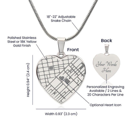 Size guide for the map heart pendant, with optional back engraving | Engraved Coordinates Heart Necklace