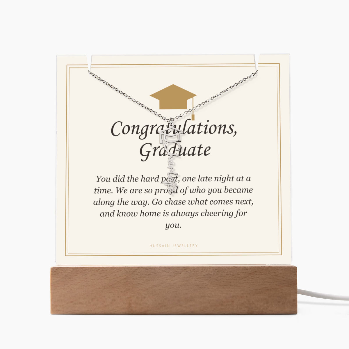Congratulations Graduate acrylic keepsake on a wooden base with the graduation cap name necklace | Graduation Cap Name Necklace and Keepsake Light