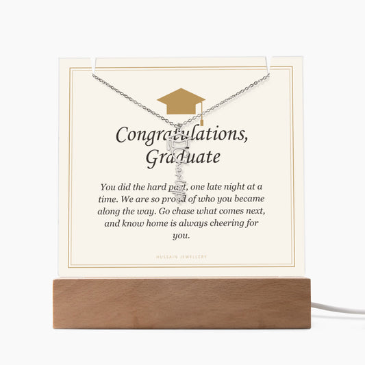 Congratulations Graduate acrylic keepsake on a wooden base with the graduation cap name necklace | Graduation Cap Name Necklace and Keepsake Light