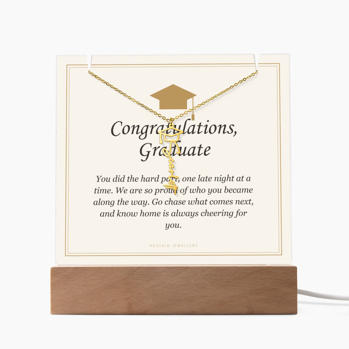 Graduate keepsake unlit on its wooden base, with the gold finish name necklace | Graduation Cap Name Necklace and Keepsake Light