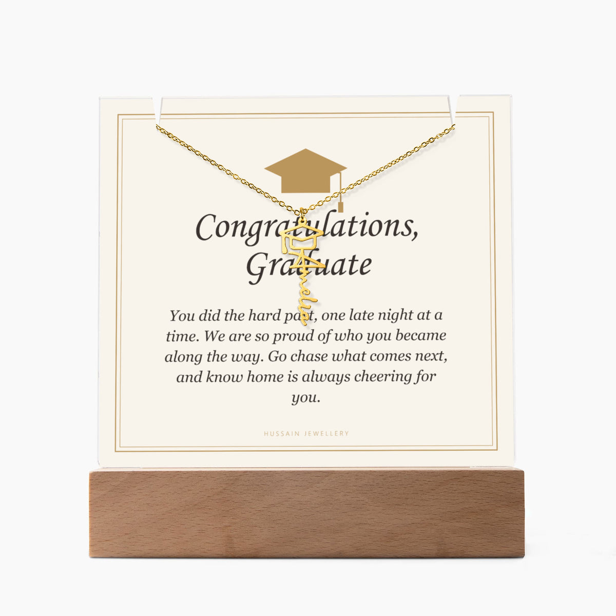 Graduate keepsake unlit, with the gold finish name necklace | Graduation Cap Name Necklace and Keepsake Light