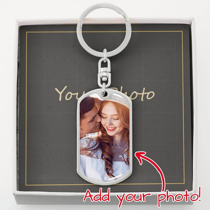 Silver photo keychain with a sample family photo in a gift box | Custom Photo Keychain