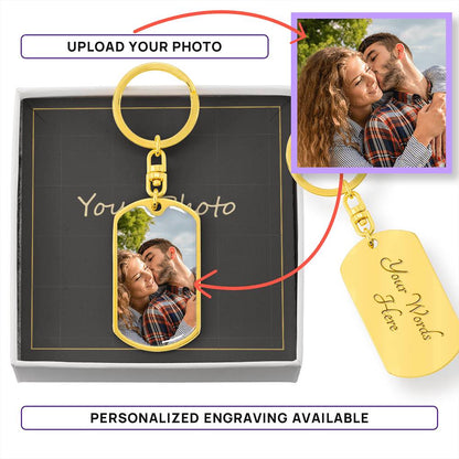 How it works: upload your photo, optional engraving on the back, gold finish | Custom Photo Keychain