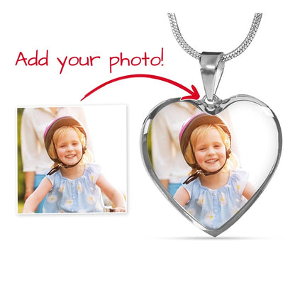 Arrow showing a sample photo printed on the silver heart pendant | Custom Photo Heart Necklace with Engraving