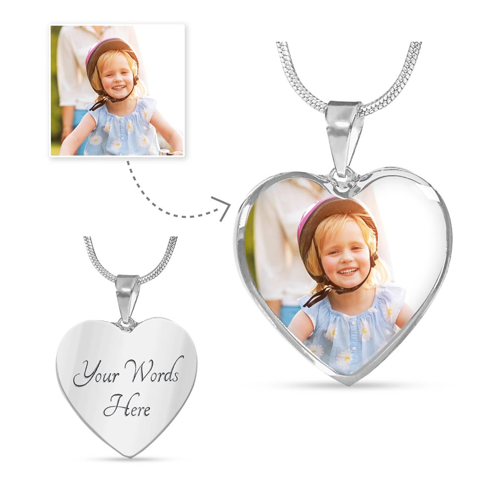 How it works: your photo printed on the silver heart pendant, with optional engraving on the back | Custom Photo Heart Necklace with Engraving