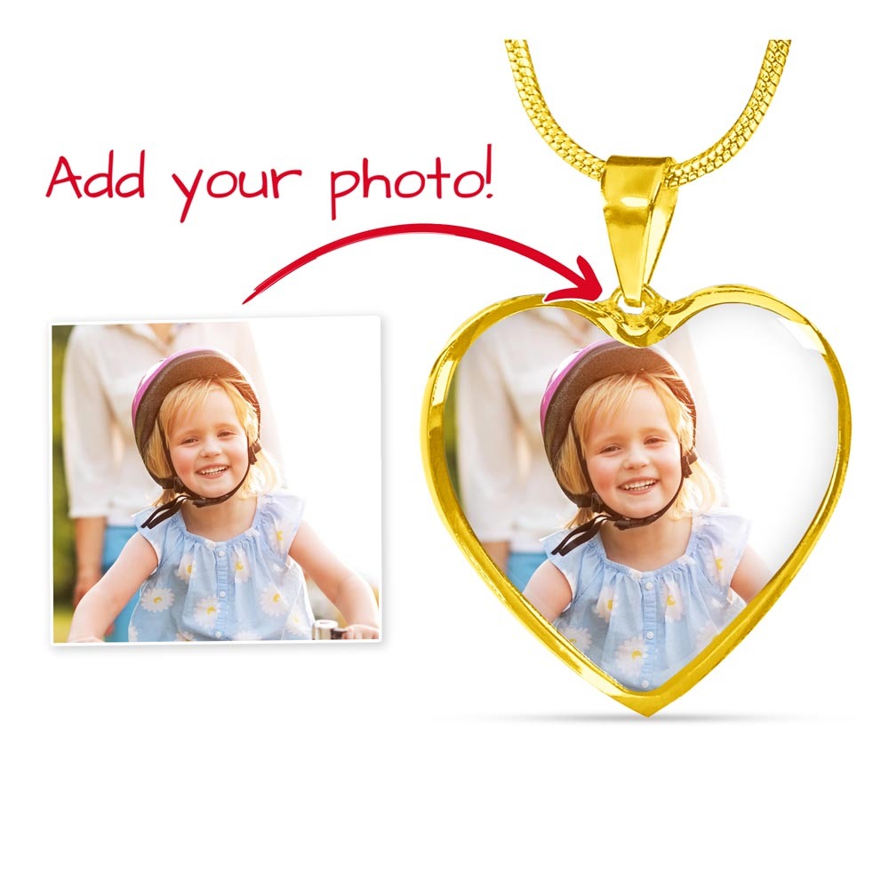 Arrow showing a sample photo printed on the gold finish heart pendant | Custom Photo Heart Necklace with Engraving
