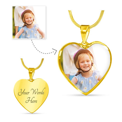 How it works: your photo printed on the gold finish heart pendant, with optional engraving on the back | Custom Photo Heart Necklace with Engraving