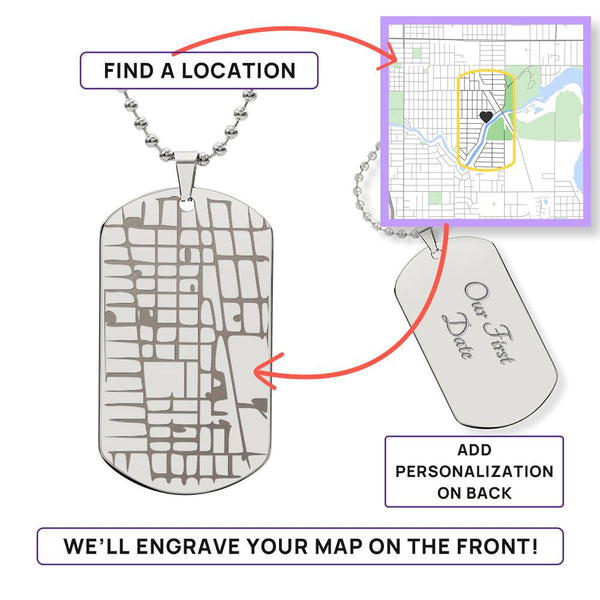 Engraved Coordinates Dog Tag in polished silver and 18k gold finish on white background, personalized jewelry by HussainTraders