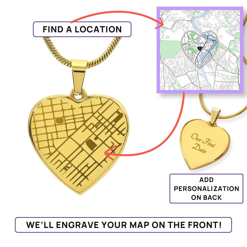 How it works: pick a location and its street map is engraved on the gold finish heart | Engraved Coordinates Heart Necklace