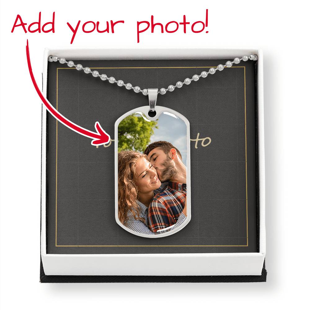 Custom Photo Dog Tag in polished silver and 18k gold finish on white background, personalized jewelry by HussainTraders
