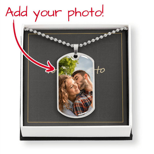 Custom Photo Dog Tag in polished silver and 18k gold finish on white background, personalized jewelry by HussainTraders