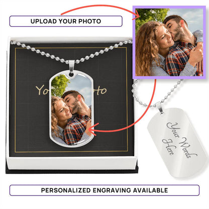 How it works: upload a photo for the front of the silver tag and add optional engraving on the back | Custom Photo Dog Tag