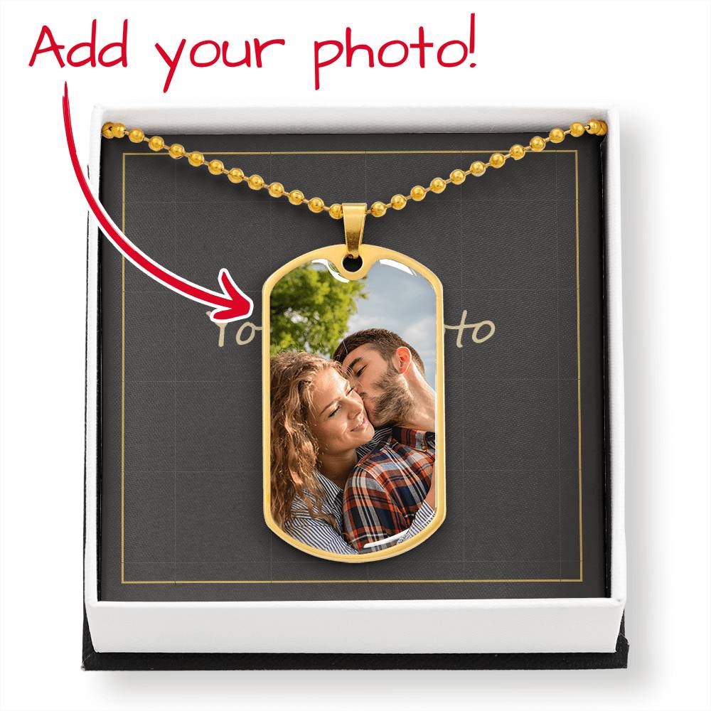 Gold finish dog tag in its gift box with an arrow showing where your photo prints | Custom Photo Dog Tag