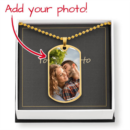Gold finish dog tag in its gift box with an arrow showing where your photo prints | Custom Photo Dog Tag