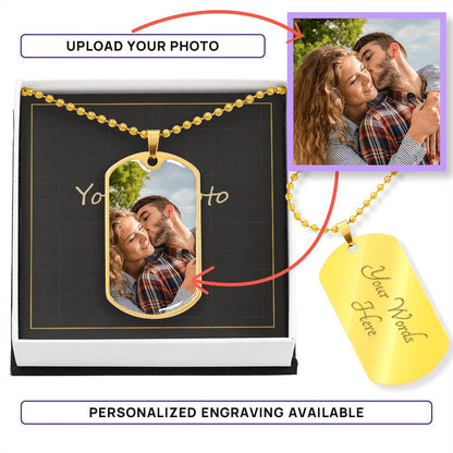 How it works: upload a photo for the front of the gold finish tag and add optional engraving on the back | Custom Photo Dog Tag