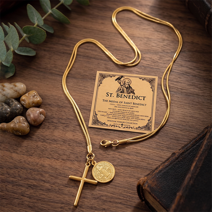 St Benedict cross necklace shown with its devotional card