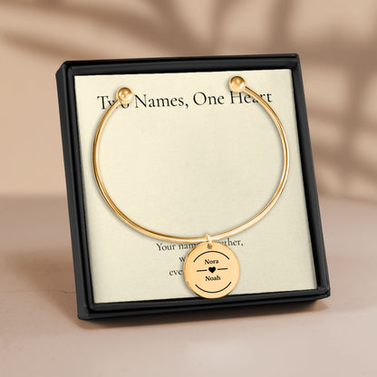 Two Names Heart Bangle Bracelet, Personalized Couples Gift