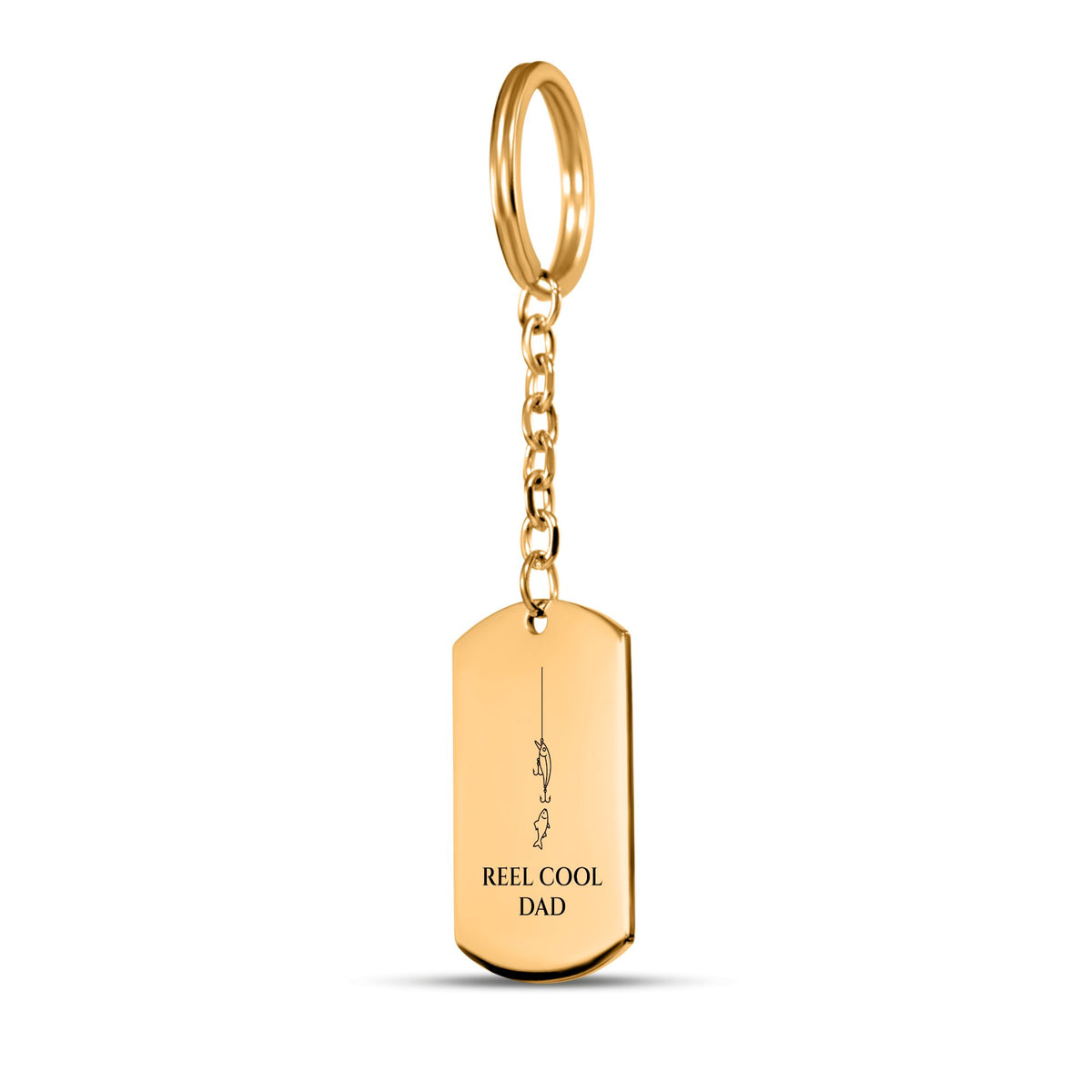Gold tag keychain engraved with a fishing line, lure and fish and REEL COOL DAD on white