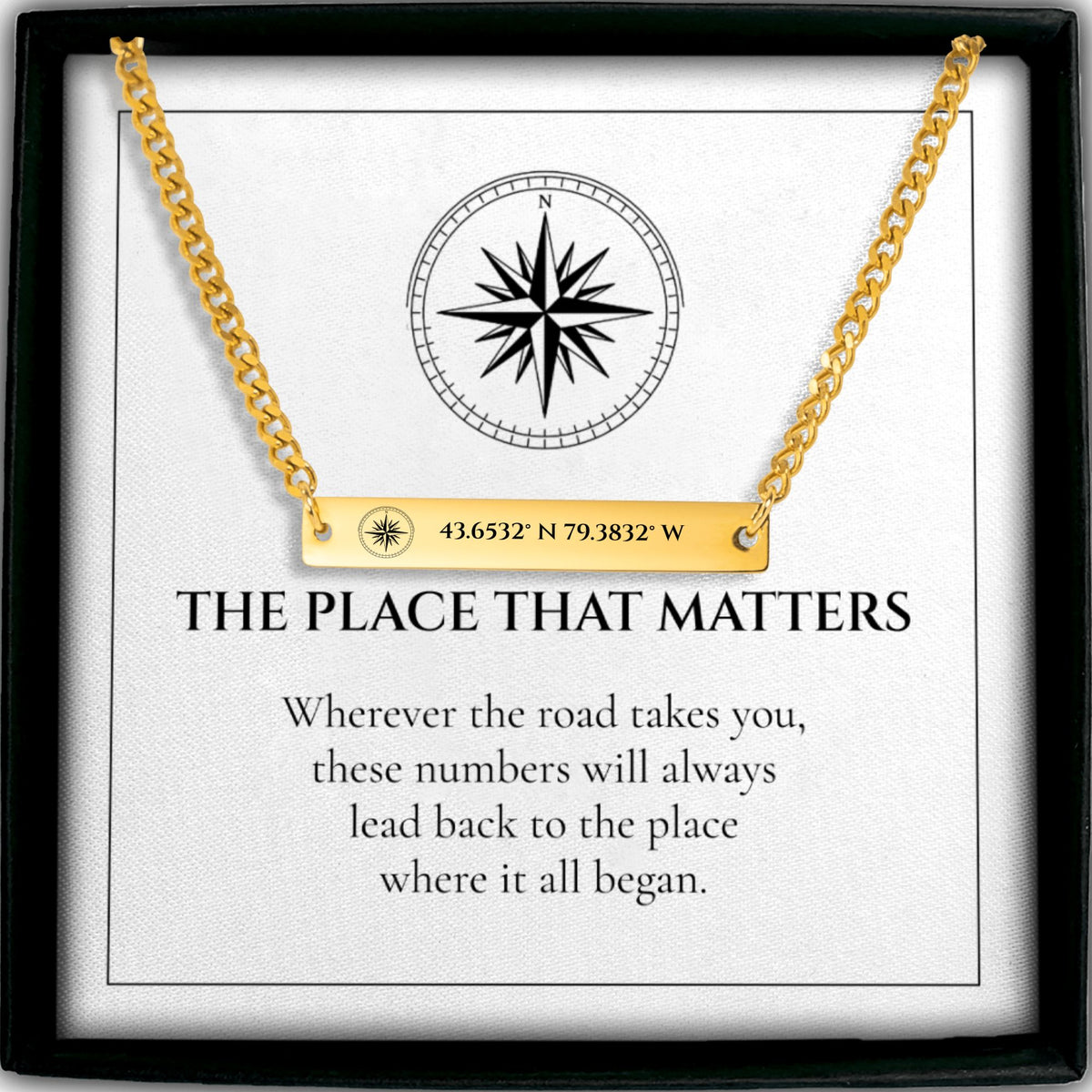 Personalized coordinates Cuban bar necklace in gold on a THE PLACE THAT MATTERS card in a gift box