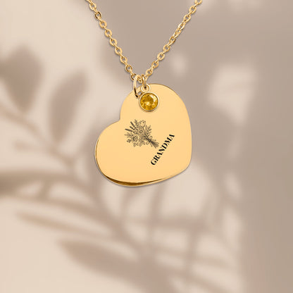 Grandma bouquet heart pendant with soft leaf shadows