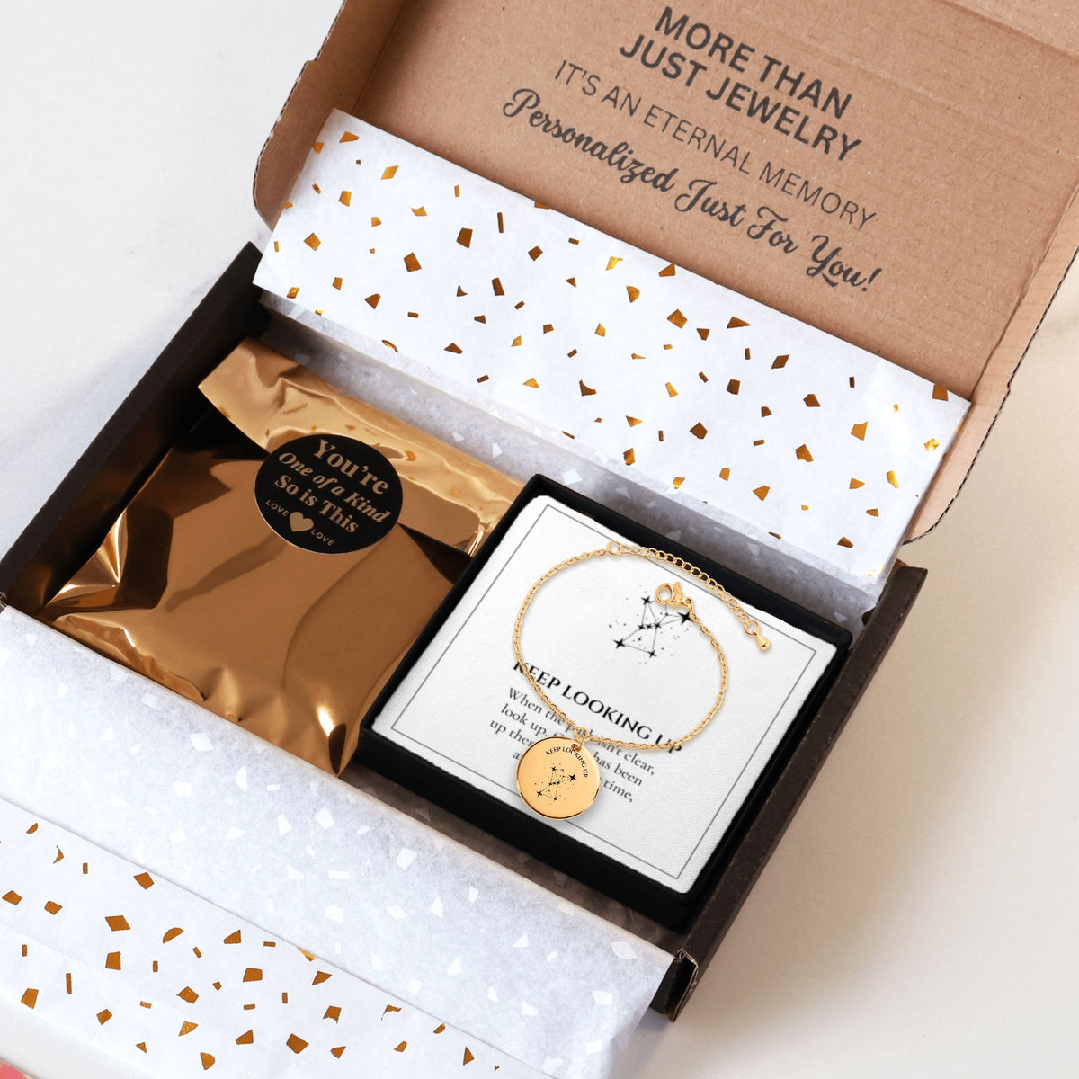 Keep Looking Up bracelet gift packaging with outer box