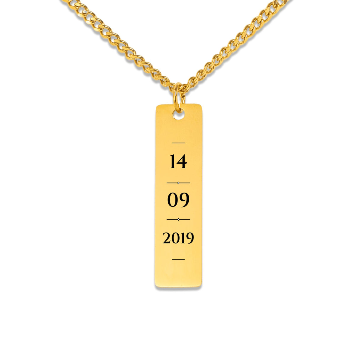 Date vertical bar necklace on white showing the stacked day, month and year