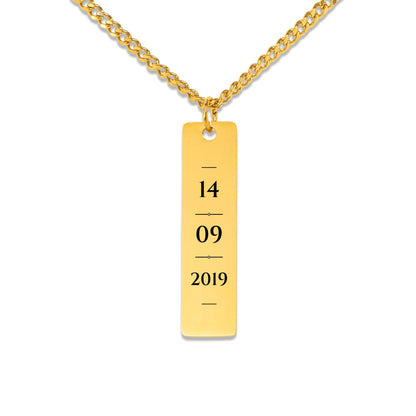 Date vertical bar necklace on white showing the stacked day, month and year