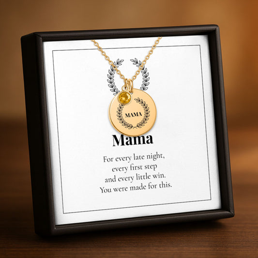 Mama laurel wreath birthstone coin necklace on its Mama message card in a gift box
