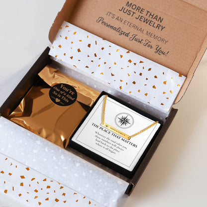 Coordinates bar necklace packed in a kraft shipping box with tissue