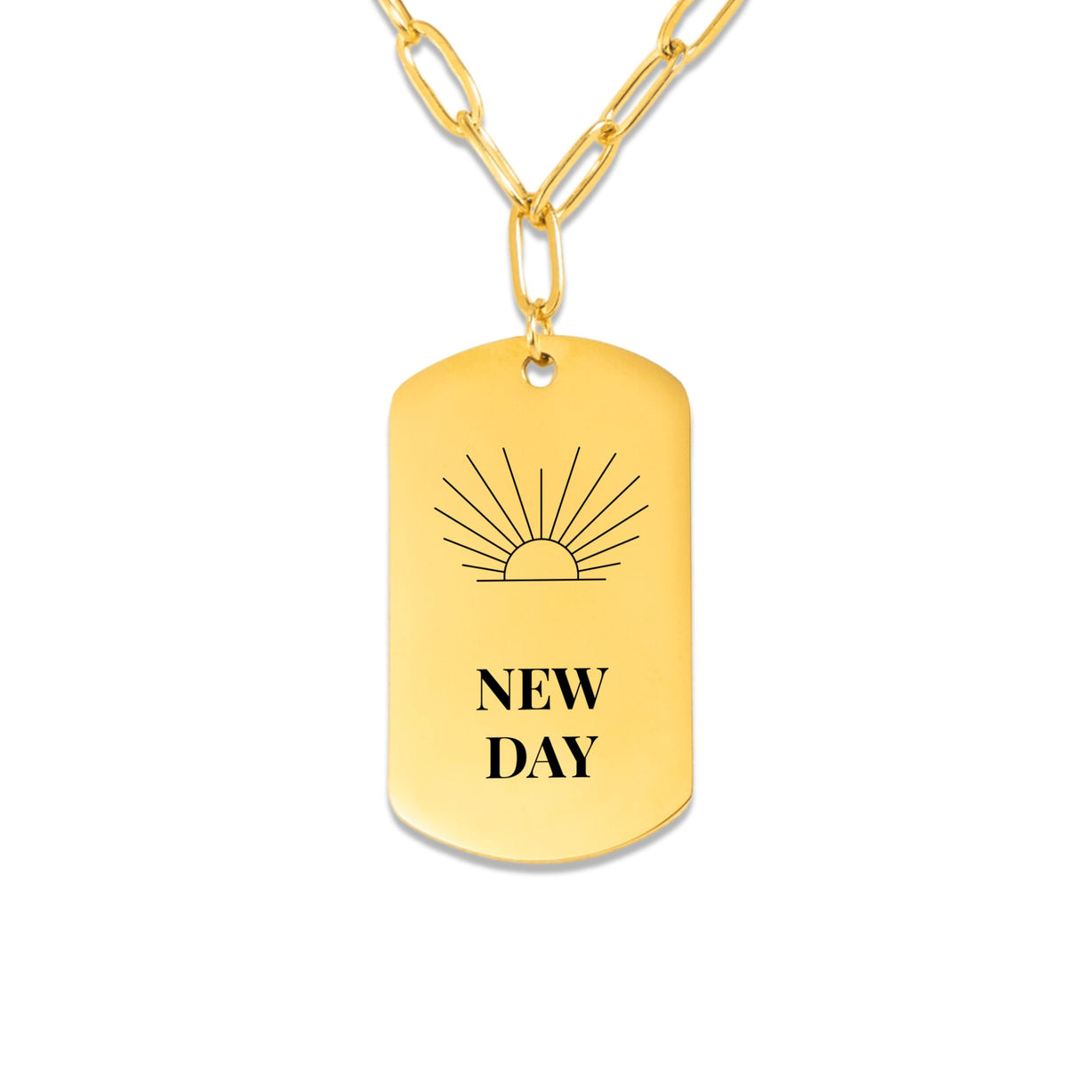 New Day sunrise engraved tag necklace, 18k gold plated