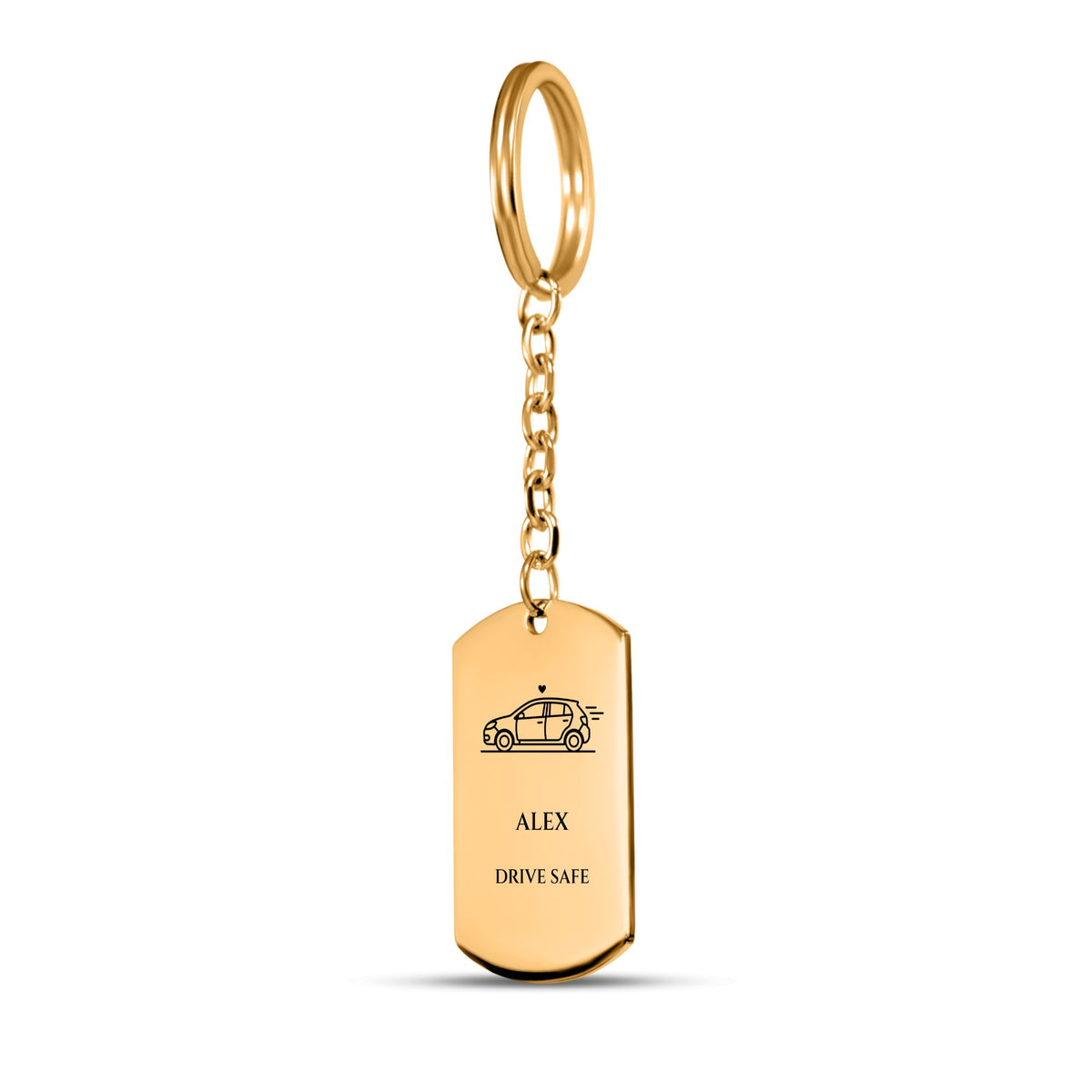 Gold tag keychain engraved with a car, the sample name ALEX and DRIVE SAFE on white