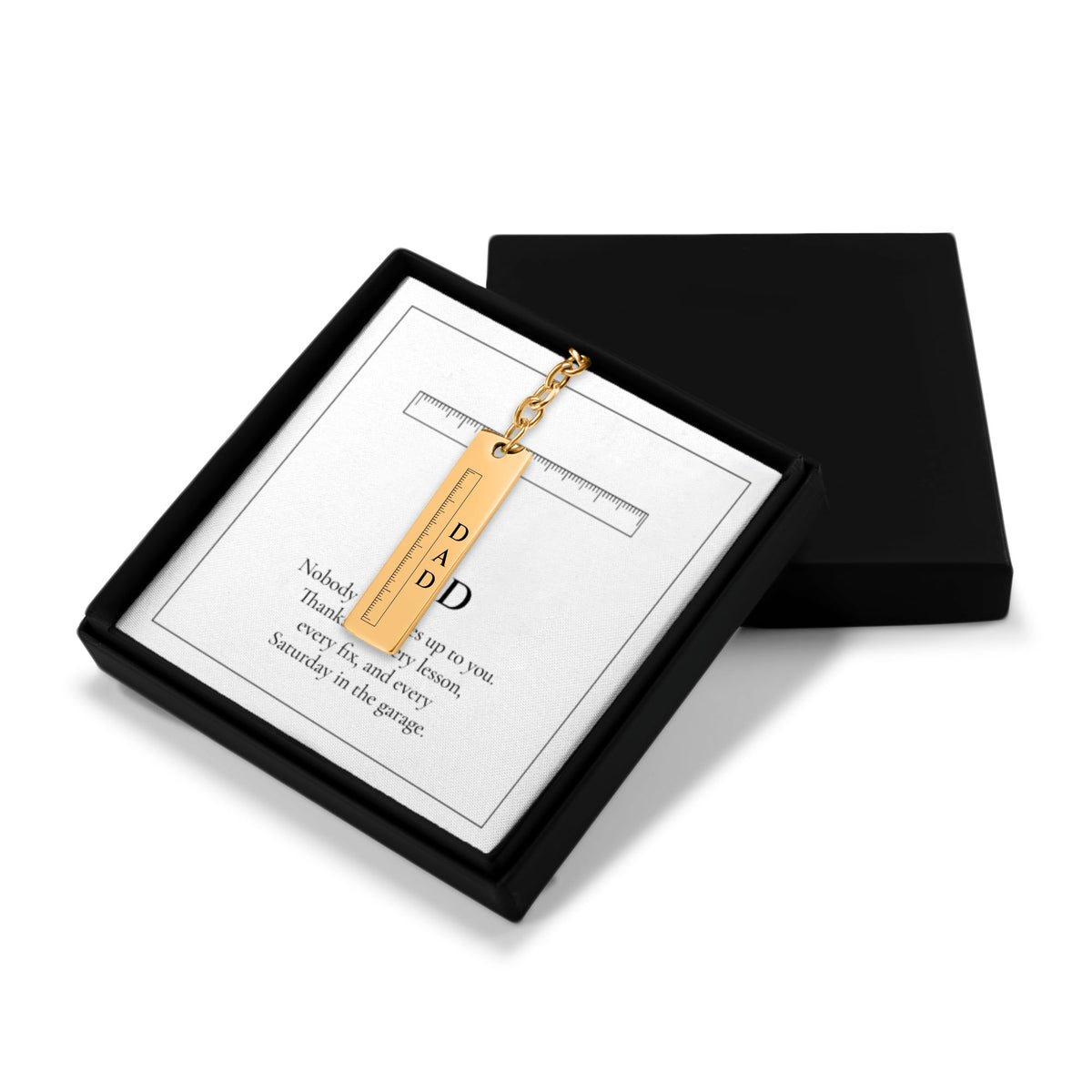 Dad ruler keychain in an open black gift box