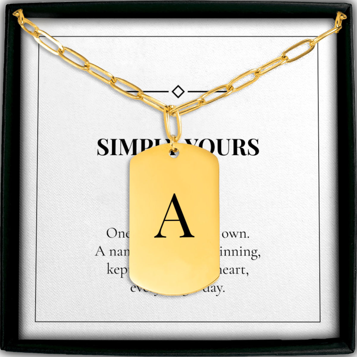 Personalized initial tag necklace in gold on a SIMPLY YOURS card in a gift box