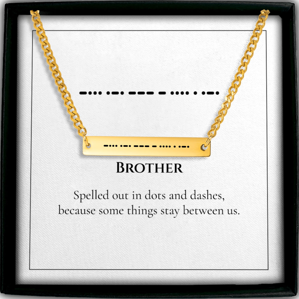 Brother Morse code bar necklace in its gift box with the BROTHER message card