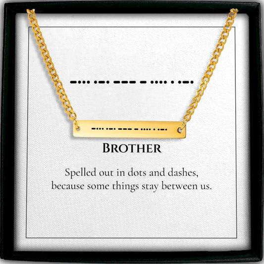 Brother Morse code bar necklace in its gift box with the BROTHER message card