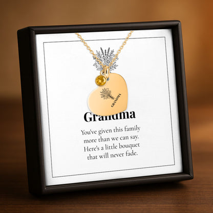 Grandma bouquet heart birthstone necklace on its Grandma message card in a gift box