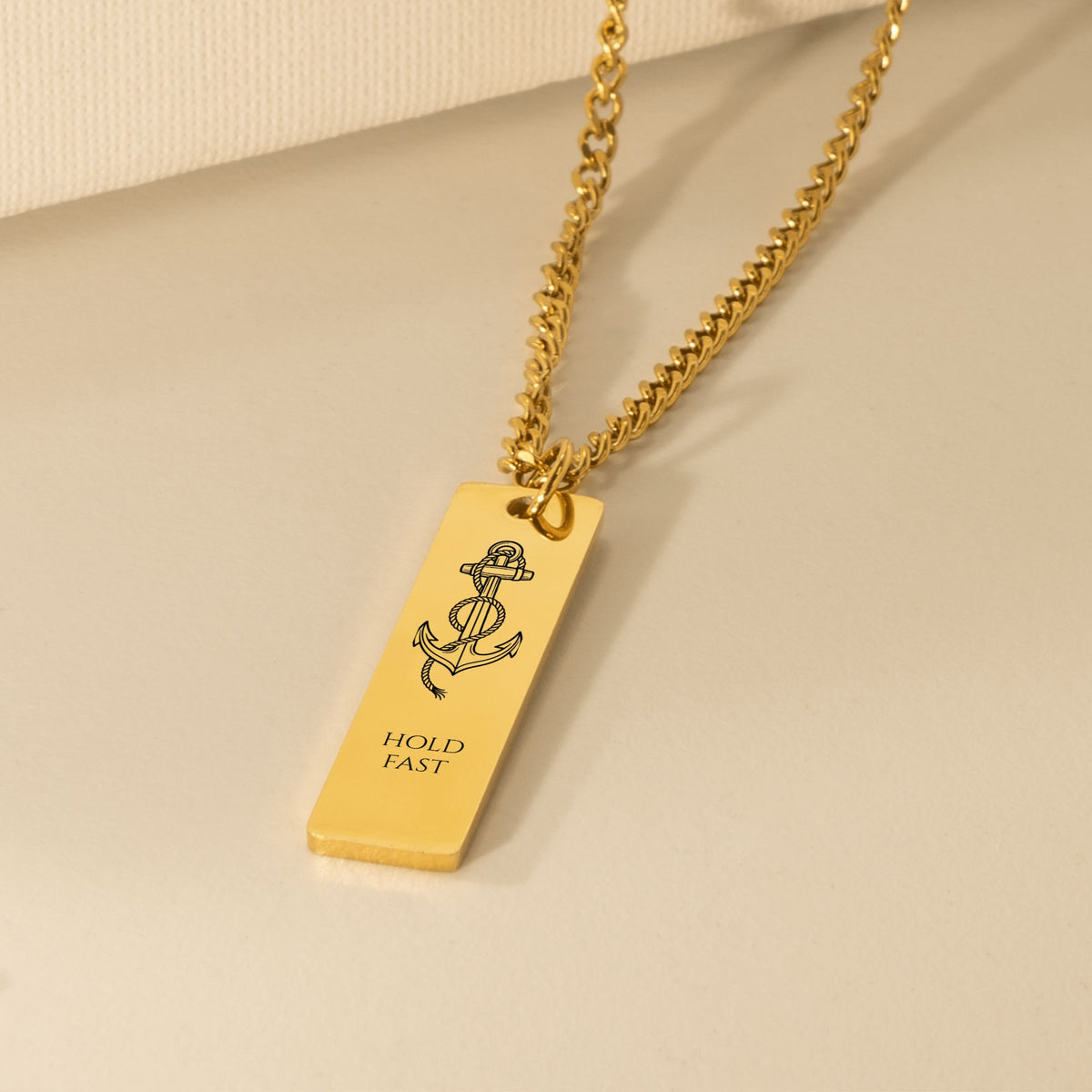 Anchor engraved vertical bar necklace on a Cuban chain, 18k gold plated