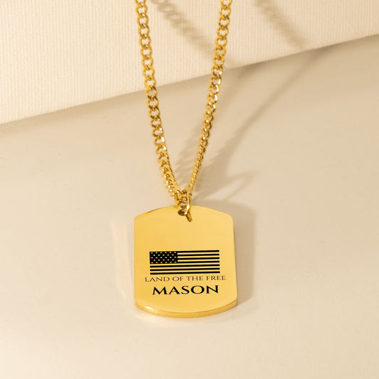American Flag Name Dog Tag Necklace for Men, Personalized