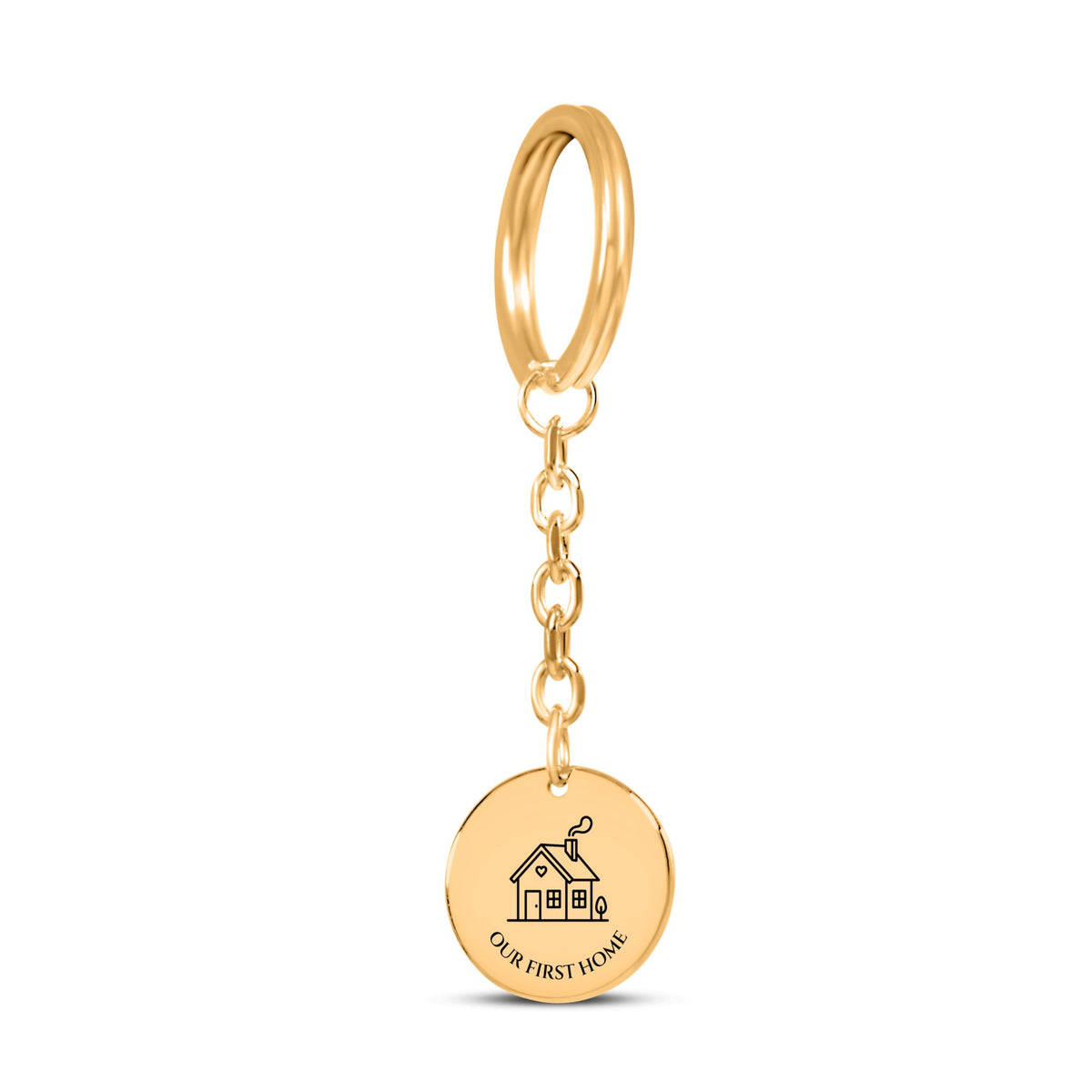 Gold plated coin keychain engraved with a house and OUR FIRST HOME