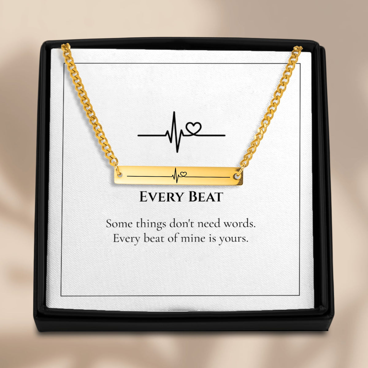 Heartbeat Cuban chain bar necklace presented in a black gift box