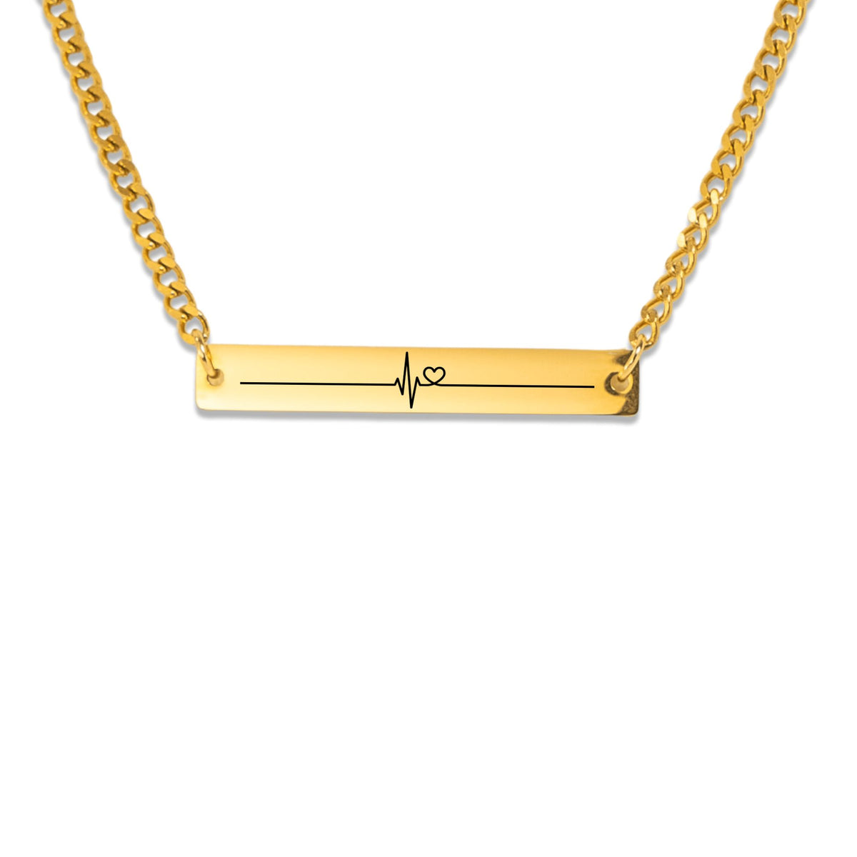 Heartbeat line and heart engraving on a horizontal bar pendant, front view