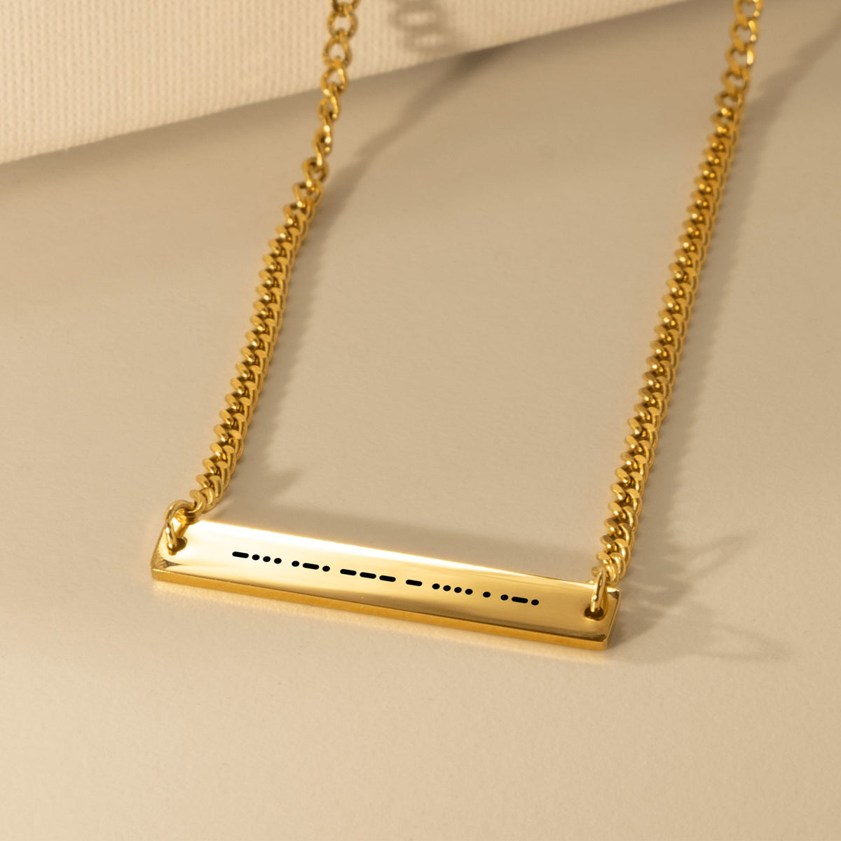 Morse code engraved bar necklace on a Cuban chain, 18k gold plated