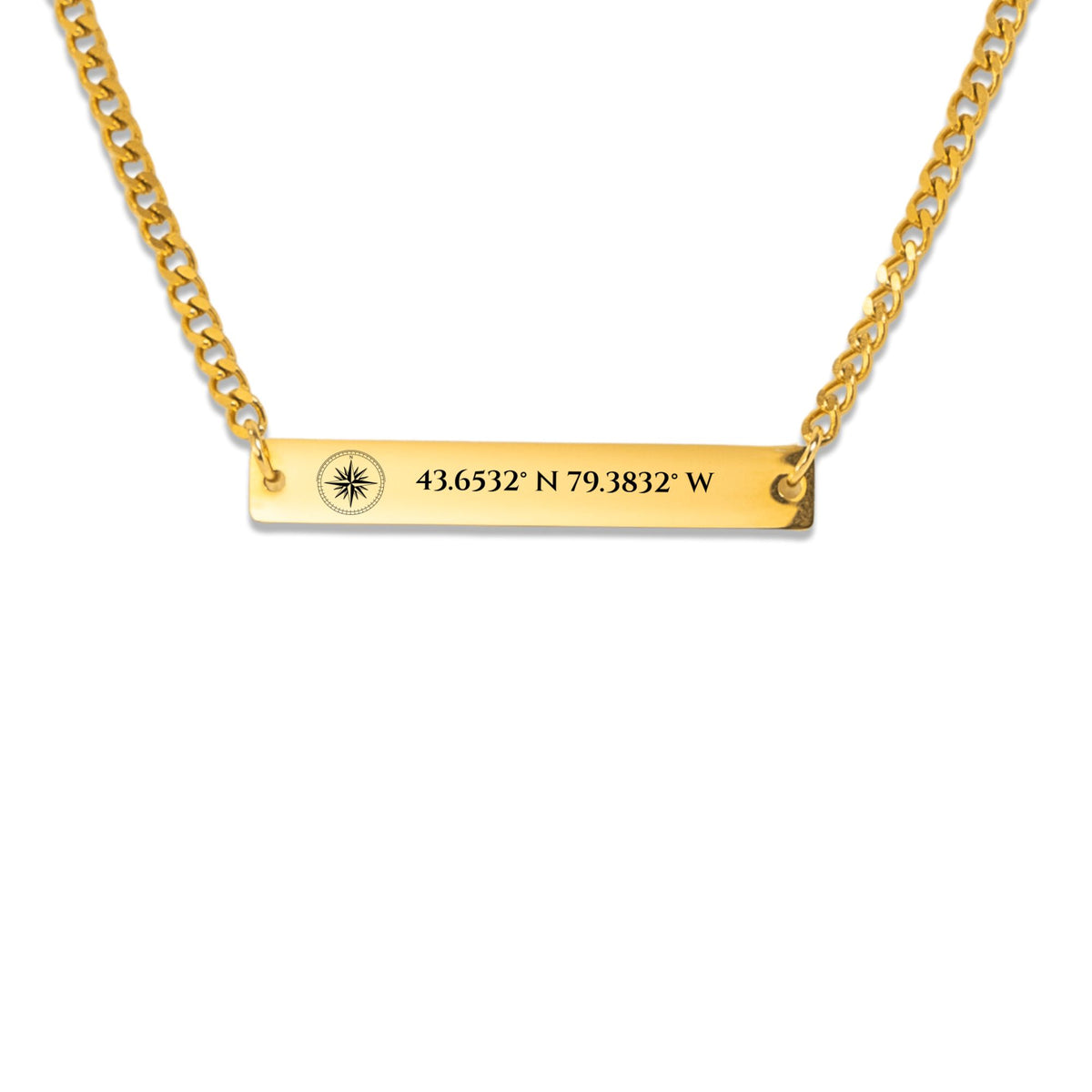 Coordinates bar necklace with compass rose engraving on white